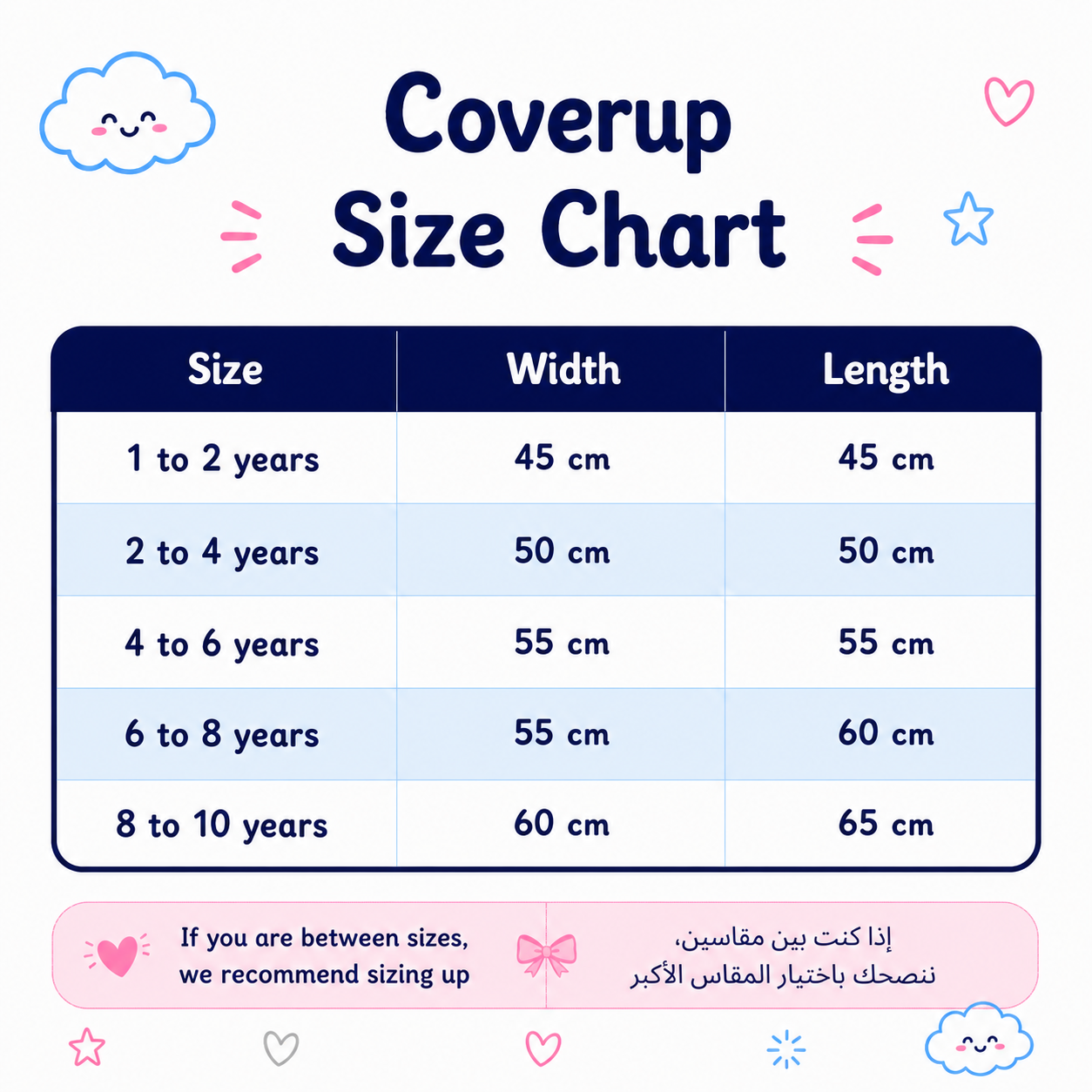 Coverup size chart with dimensions for different age groups on a light blue background.