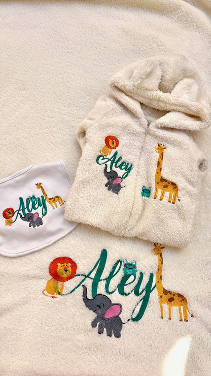 Personalized 4-Piece Winter Baby Set – Jumpsuit, Blanket, Hat & Bib