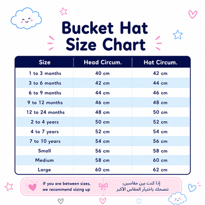 Bucket hat size chart with head and hat circumferences on a white background