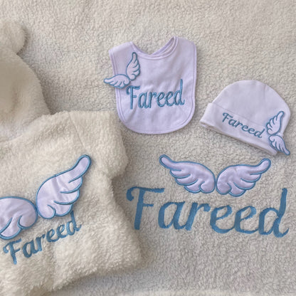 Personalized 4-Piece Winter Baby Set – Jumpsuit, Blanket, Hat & Bib