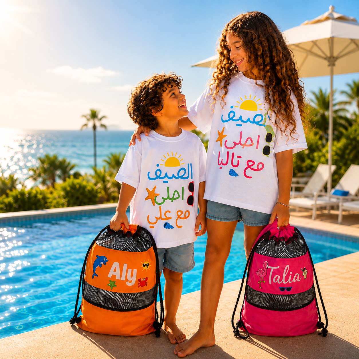 Two children standing by a pool with personalized bags, wearing matching shirts.
